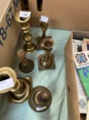 Quantity of brass candlesticks and bells