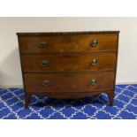 Victorian bow front chest of 3 long drawers, 106W x 87cmH (condition, general wear and tear)