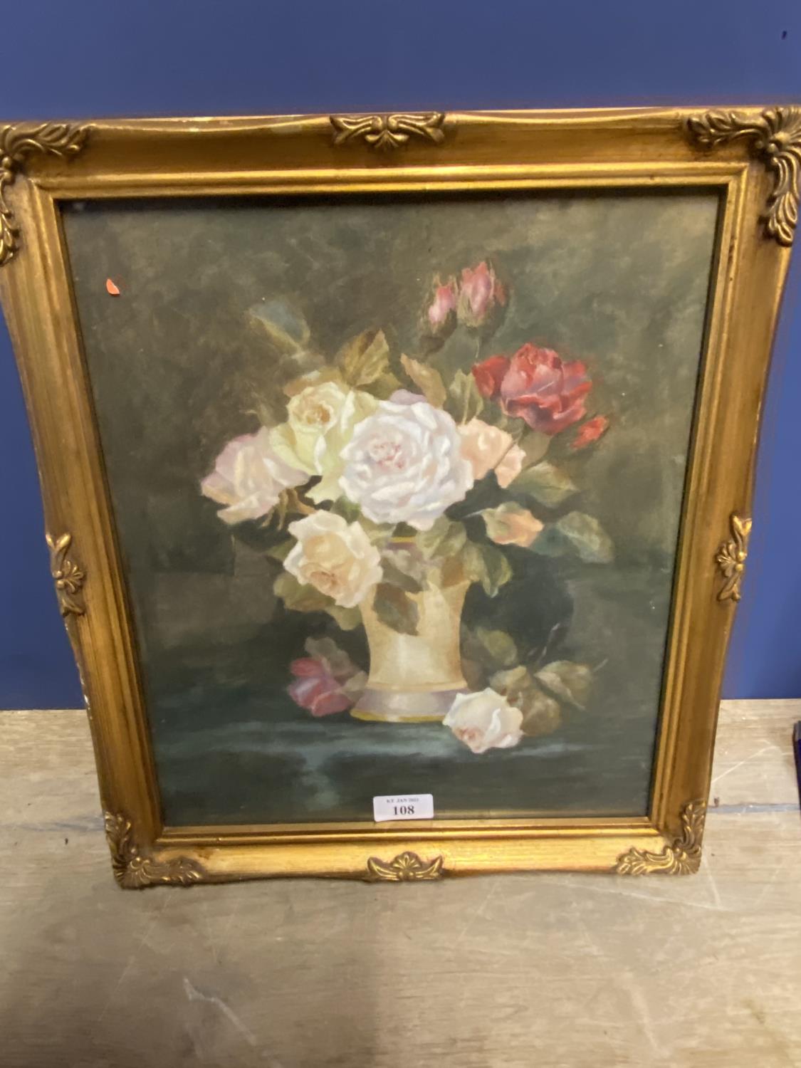 Gilt framed watercolour, monogrammed, of vase of roses in bloom 34 x 39cm
