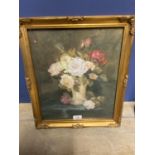 Gilt framed watercolour, monogrammed, of vase of roses in bloom 34 x 39cm
