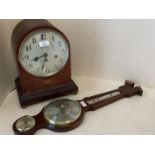 Inlaid mahogany arch top chiming bracket hinged clock 33 cm H. Silvered dial behind convex glass the