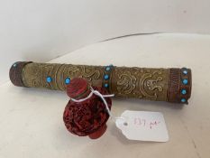 Chinese scroll holder, 22cmL, and a carved Cinnabar snuff bottle and stopper, dipper rod missing,