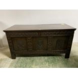 Good C18th, carved oak 3 panel coffer, 148cm Long (old wear and repairs, Good polished patina)