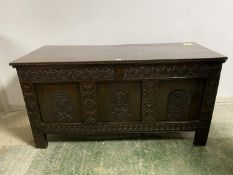 Good C18th, carved oak 3 panel coffer, 148cm Long (old wear and repairs, Good polished patina)