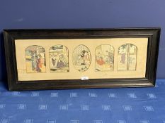 A set of antique Japanese woodblocks depicting scenes with figures in traditional dress