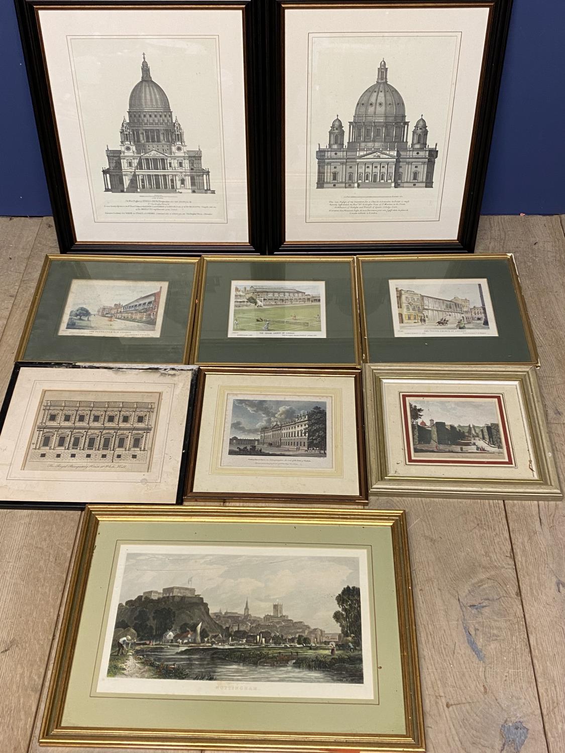 9 various architectural prints, including set of 3 vintage prints of tennis courts of London ,