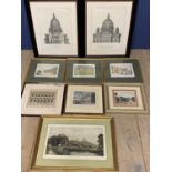 9 various architectural prints, including set of 3 vintage prints of tennis courts of London ,