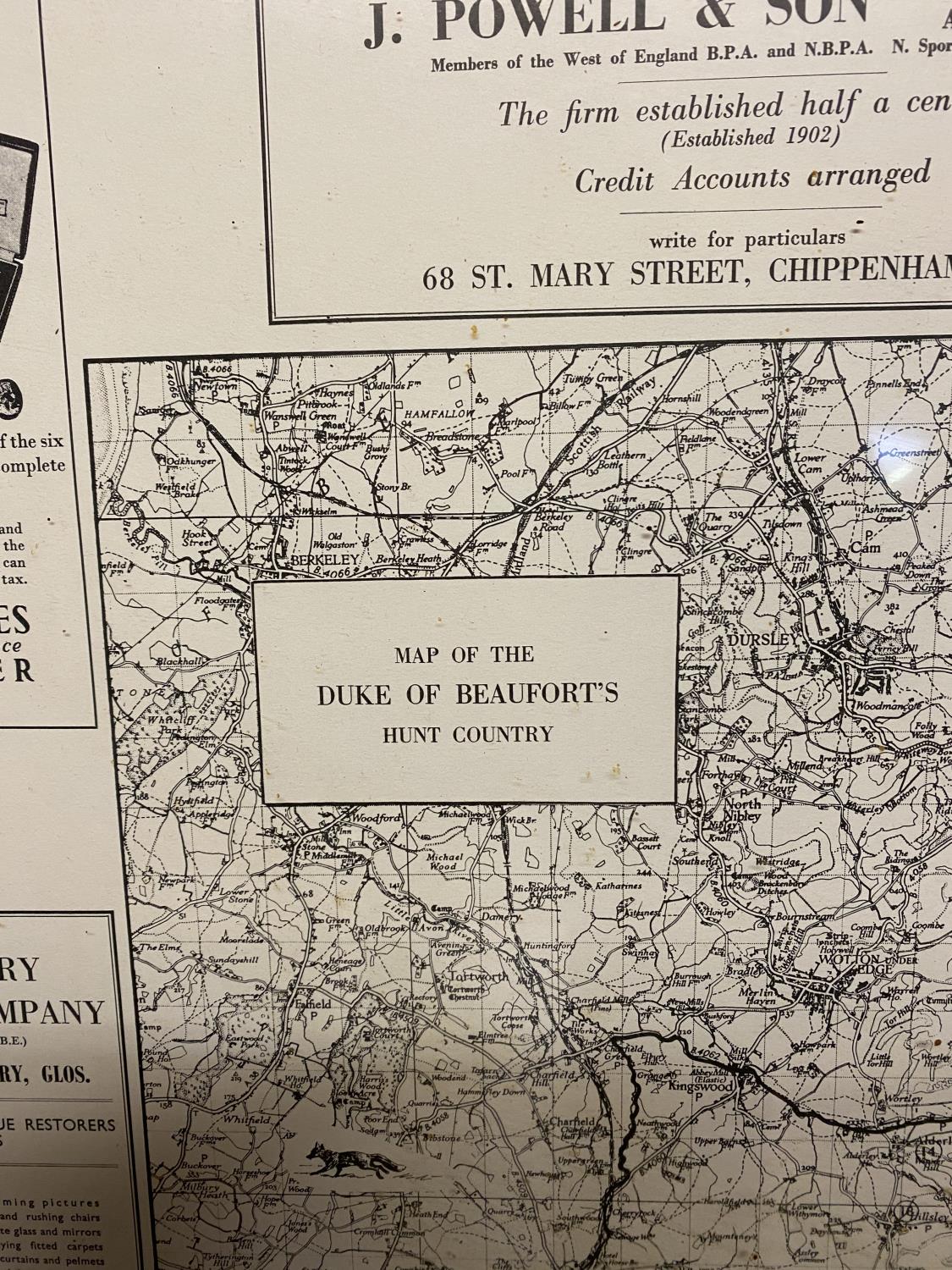 Three maps: 1950s framed and glazed black and white map of The Duke of Beaufort Hunt Country and a - Image 3 of 6