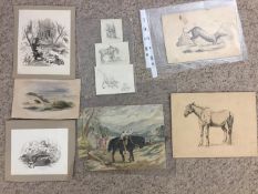 C19th collection of watercolour pen and pencil wildlife studies, Equine livestock bird and