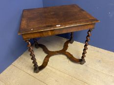 Queen Anne style Burr walnut side table with pull out drawer supported by 4 candy twist legs leading