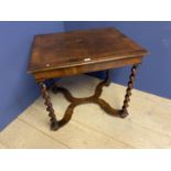 Queen Anne style Burr walnut side table with pull out drawer supported by 4 candy twist legs leading