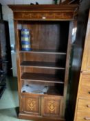 Good quality inlaid mahogany open adjustable bookcase, 89cmL, 181cmH (condition generally good, some