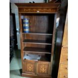 Good quality inlaid mahogany open adjustable bookcase, 89cmL, 181cmH (condition generally good, some