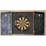 Traditional wall cased dart board opening to reveal black board scoring boards, Traditional