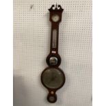 Edwardian inlaid mahogany cased mercury wheel barometer, 98cm L overall (one swan neck pediment is