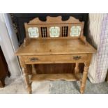 Victorian waxed pine washstand with under shelf drawer and tiled back 91cm Long (condition,