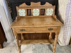 Victorian waxed pine washstand with under shelf drawer and tiled back 91cm Long (condition,