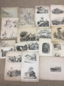Large quantity of C19th country scene pencil studies and prints, one with cattle