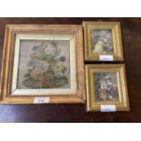 Gilt framed embroidery study of flowers and butterfly; and a pair of print portrait miniatures