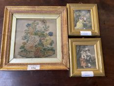 Gilt framed embroidery study of flowers and butterfly; and a pair of print portrait miniatures