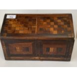 C19th Country made lidded box of mixed geometric veneers, 26 cm Long