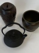 Small circular Chinese embossed bronze jardiniere 10cm D x 9cm H (condition - good, but general wear