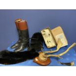 Vintage sporting items to include riding boots and old hats(not safety marked), old fur stoles and