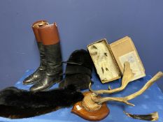 Vintage sporting items to include riding boots and old hats(not safety marked), old fur stoles and