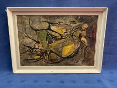 A 1960s studio framed oil on board, An Abstract design composition, signed Bart, 39 x59cm