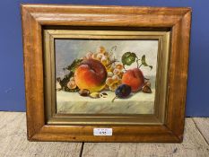 Oil on board in frame, Still Life of fruit and nuts on a ledge, 14.5 x 19.5cm