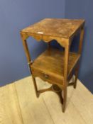 A Victorian blue upholstered spoon back low chair, and a two tier washstand in need of restoration