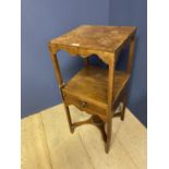 A Victorian blue upholstered spoon back low chair, and a two tier washstand in need of restoration