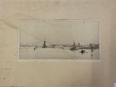 Unframed black and white maritime engraving, signed in pencil on mount, Rowland Langmaid 17 x 35
