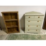 Modern painted chest of drawers 85 cm Long; and an old pine open bookcase 71cmL