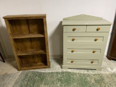 Modern painted chest of drawers 85 cm Long; and an old pine open bookcase 71cmL