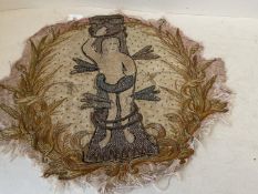 Old Continental circular tapestry and crewel work remnant of a lady, av 46 D (condition generally