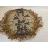 Old Continental circular tapestry and crewel work remnant of a lady, av 46 D (condition generally