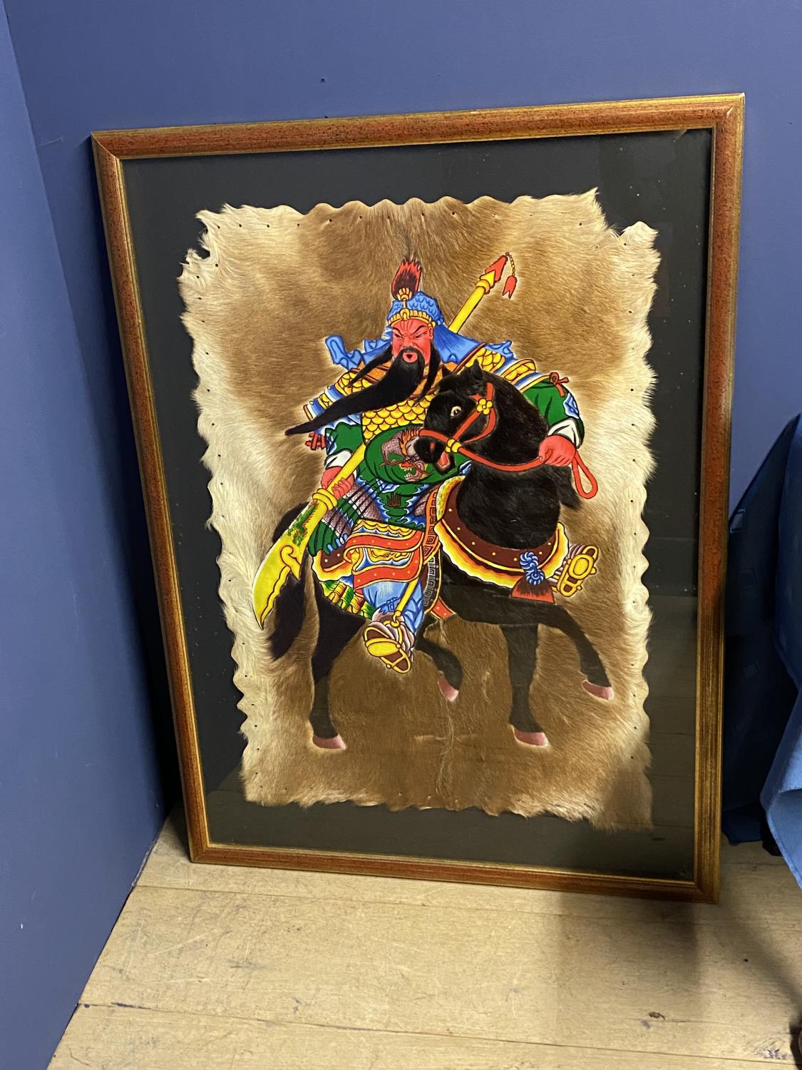 Large framed and glazed painting of a Chinese warrior on a horse, mixed media including mounted on a - Image 5 of 5