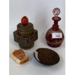 Small Chinese square pot and lid, 11cmH, small cranberry scent bottle and a stopper, vine leaf