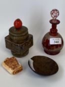 Small Chinese square pot and lid, 11cmH, small cranberry scent bottle and a stopper, vine leaf