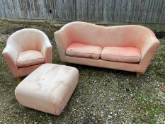 Art Deco style light pink suite of 2 seater sofa, chair, stool, (all with wear) and Two