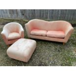 Art Deco style light pink suite of 2 seater sofa, chair, stool, (all with wear) and Two