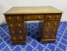 C19th walnut pedestal desk of 9 drawers, 108cm W x76cmH approx.