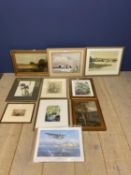 Two modern watercolours, barns in downland landscape, and 9 other oils, watercolours and prints (10)