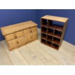 Pine chest of 2 short and 1 long drawer, 88cmL x 51cmH, and pigeon holes