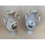 Pair of Fine quality porcelain Meissen urns, each with 2 handles and central panels, decorated