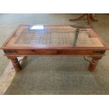 Modern Indonesian hardwood glass topped low coffee table 110cm x 60cm x 40cmH (general wear and