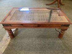 Modern Indonesian hardwood glass topped low coffee table 110cm x 60cm x 40cmH (general wear and