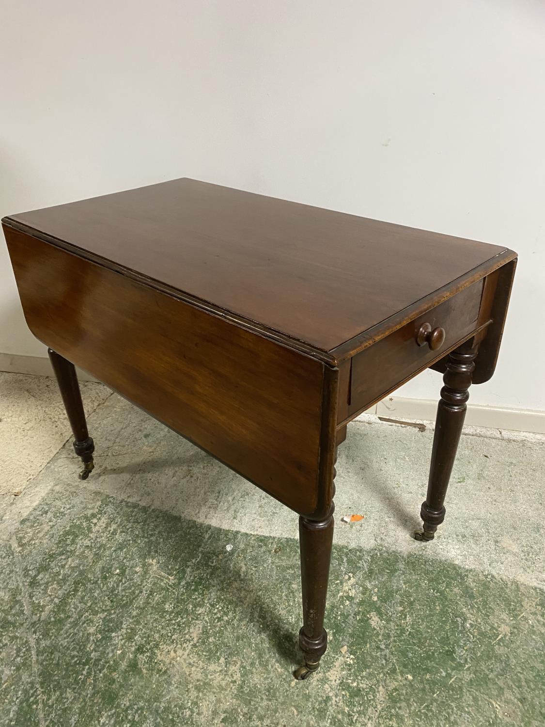 Victorian oblong Pembroke table with single drawer on turned legs to casters, 92cmL x 105cm, (