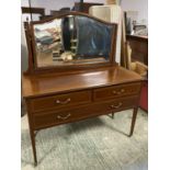 Edwardian inlaid mahogany dressing table of 2 short and 1 long drawer below a swing mirror, on